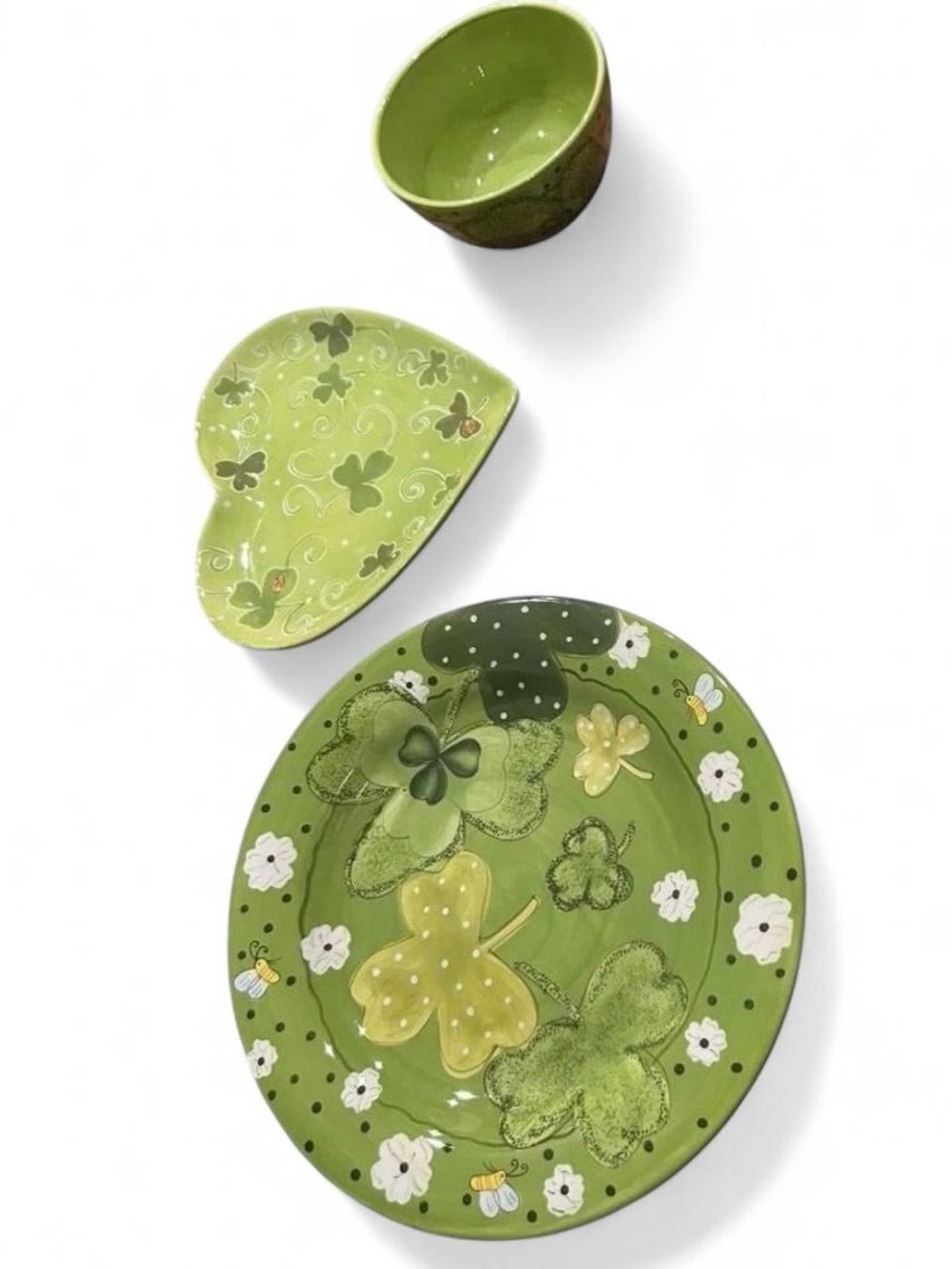 Green Clover Ceramic Plate, Bowl and Heart Dish Set